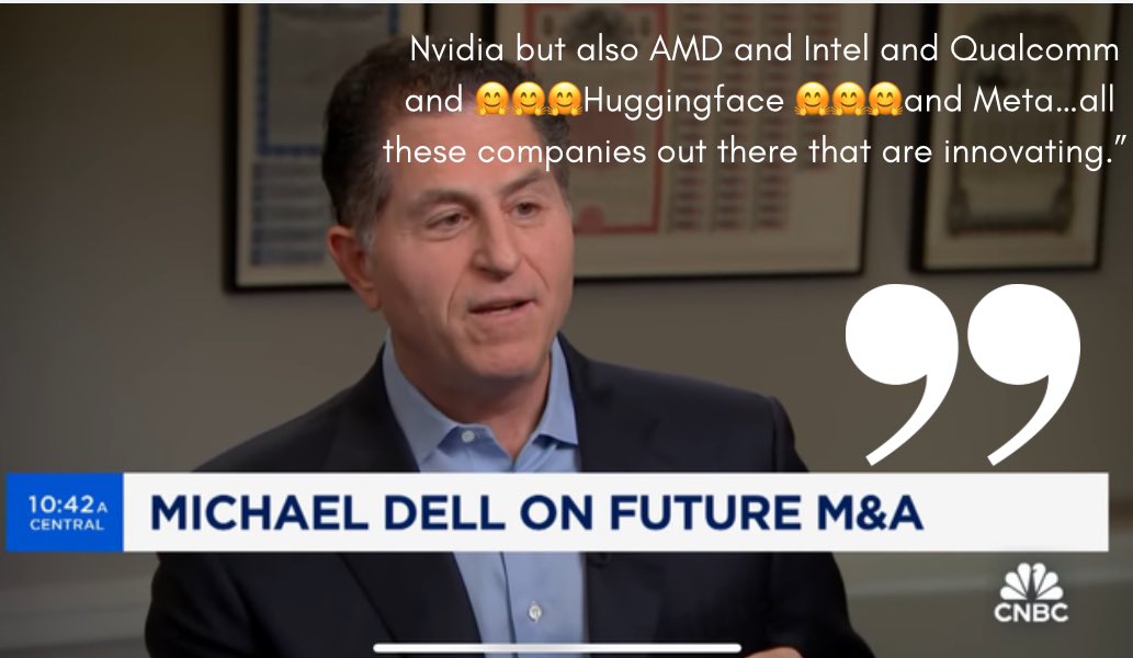 Pretty amazing to see <a href="/MichaelDell/">Michael Dell 🇺🇸</a> enumerating innovators in AI and listing <a href="/huggingface/">Hugging Face</a> among nvidia AMD Qualcomm Intel &amp; meta