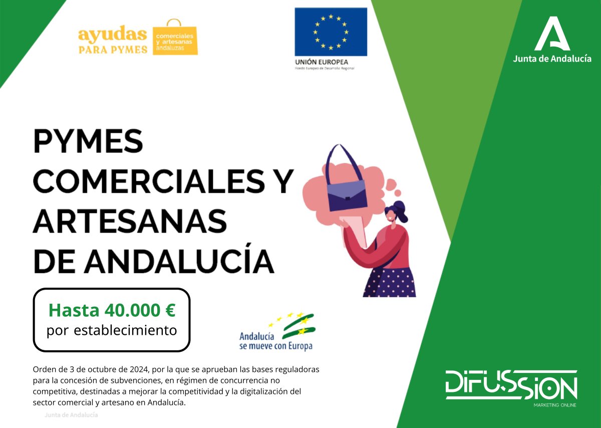 💰 En breve se publicará la convocatoria de subvenciones en materia de digitalización para empresas del sector comercial y artesano en Andalucía.

🚀 Adelántate a tu competencia y consigue financiación para tus proyectos digitales.

ℹ️ Toda la info aquí:
difussion.es/subvenciones-e…