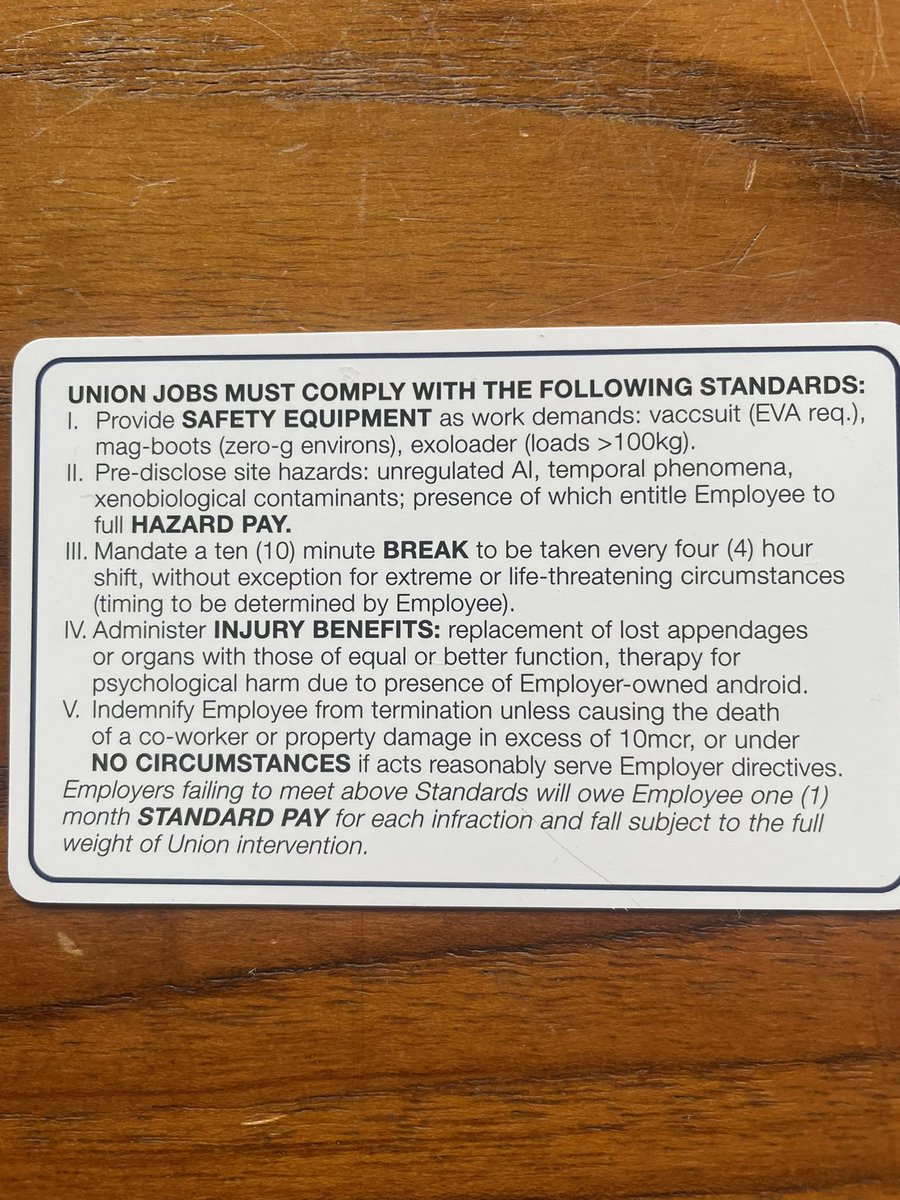 Mothership: the only ttrpg where I can tempt my wife, a union organizer who has never played  rpgs, by showing her the union card she'll get if she chooses to play as a teamster.