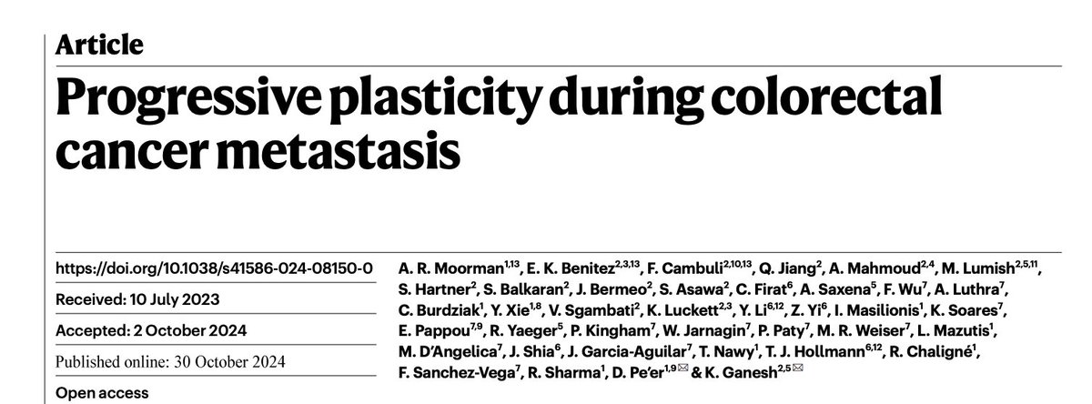 Karuna Ganesh (@karunamdphd) on Twitter photo Thrilled to share our paper now out <a href="/Nature/">nature</a> delineating #plasticity during #CRC #metastasis, a fantastic collaboration led by <a href="/andrewrmoorman/">Andrew Moorman</a> <a href="/elliebenitez11/">Ellie Benitez</a>, and @f_cambuli from the <a href="/KarunaGaneshLab/">Karuna Ganesh Lab</a> and @dana_per lab! nature.com/articles/s4158…
rdcu.be/dYAVK. A 🧵 Thrilled to share our paper now out <a href="/Nature/">nature</a> delineating #plasticity during #CRC #metastasis, a fantastic collaboration led by <a href="/andrewrmoorman/">Andrew Moorman</a> <a href="/elliebenitez11/">Ellie Benitez</a>, and @f_cambuli from the <a href="/KarunaGaneshLab/">Karuna Ganesh Lab</a> and @dana_per lab! nature.com/articles/s4158…
rdcu.be/dYAVK. A 🧵