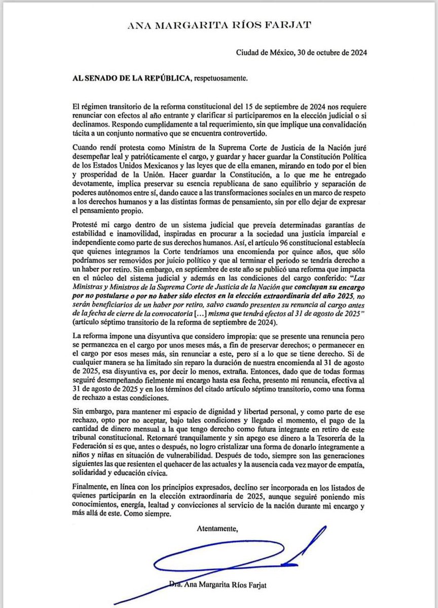 JPgomezfierro's tweet photo. “Para mantener mi espacio de dignidad y libertad personal, y como parte de ese rechazo, opto por no aceptar, bajo tales condiciones y llegado el momento, el pago de la cantidad de dinero mensual a la que tengo derecho como futura integrante en retiro de este tribunal constitucional. Retornaré tranquilamente y sin apego ese dinero a la Tesorería de la Federación si es que, antes o después, no logro cristalizar una forma de donarlo integramente a niños y niñas en situación de vulnerabilidad. Después de todo, siempre son las generaciones siguientes las que resienten el quehacer de las actuales y la ausencia cada vez mayor de empatía, solidaridad y educación cívica.”

Ministra @MargRiosFarjat