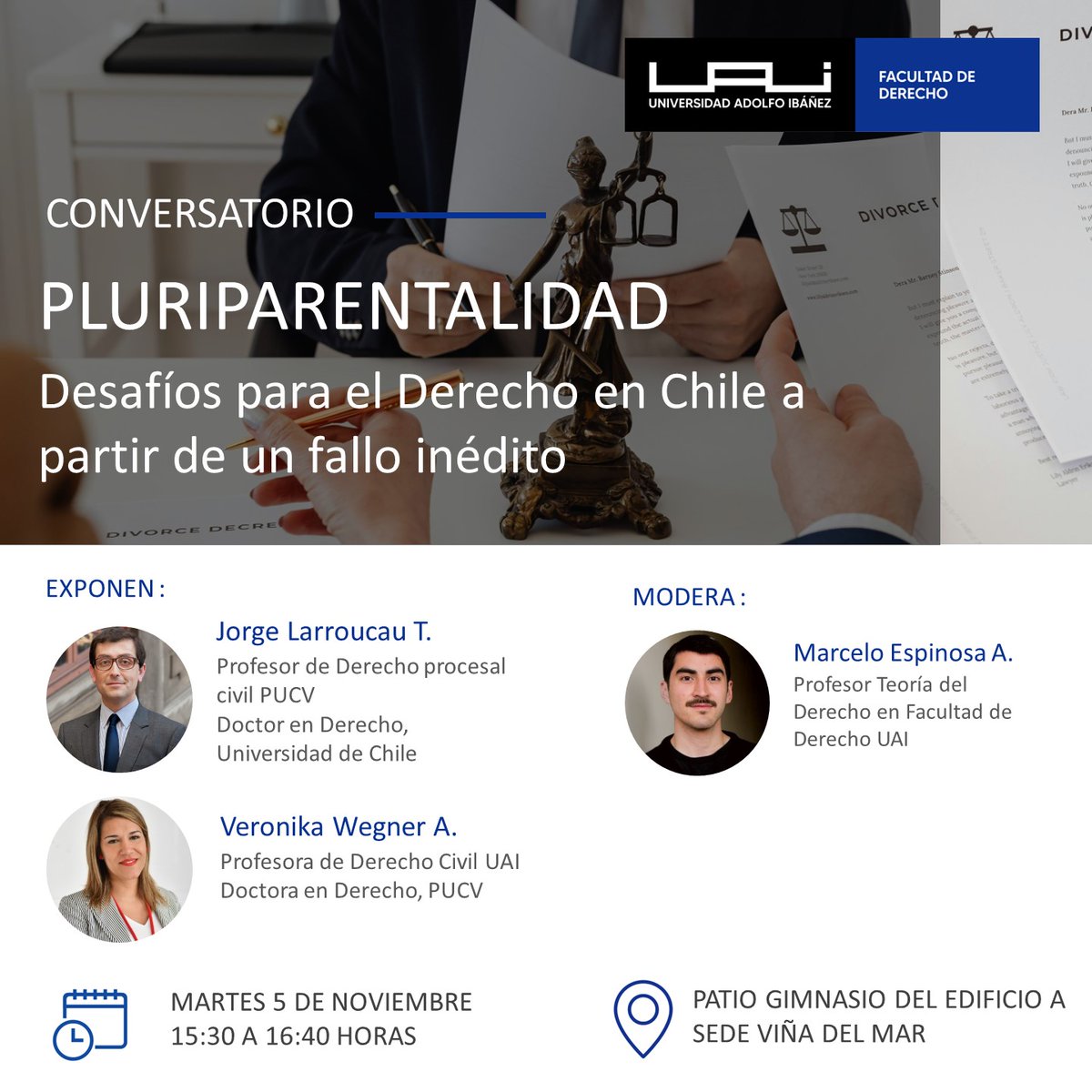 AGENDA
📅5 de noviembre
La Facultad de Derecho invita a revisar en <a href="/UAI_VINA/">UAI - Viña del Mar</a>  el fallo que marcó un precedente en materia de pluriparentalidad en nuestro país, lo que implica un desafío para el derecho en Chile.
<a href="/verowegner/">Veronika Wegner A.</a> 
Más información: shorturl.at/irQbj