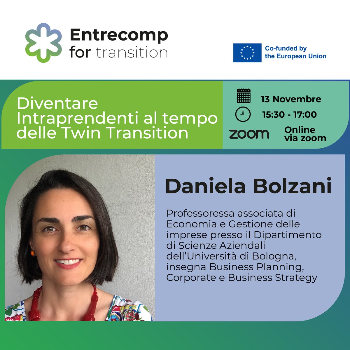 La Prof.ssa D. Bolzani condividerà il suo punto di vista durante l'evento di Entrecomp4Transition. Esplora tematiche legate all’imprenditorialità e all’inclusione, aiutandoci a capire come diversità, equità e imprenditorialità possano generare valore. 👉 bit.ly/4e312o5
