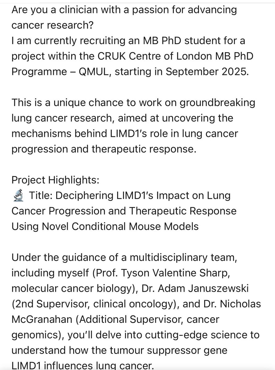 Dr Adam Januszewski (@adamjanuszewski) on Twitter photo 🚨 Exciting opportunity for oncologists interested in PhD
‘Deciphering LIMD1s impact on lung cancer progression and therapeutic response using novel conditional mouse models’ with <a href="/tyson_sharp/">Tyson V. Sharp</a> (<a href="/QMULBartsTheLon/">Barts and The London, Queen Mary</a> ) <a href="/NickyMcGranahan/">Nicholas McGranahan</a> <a href="/ucl/">UCL</a> and myself.
colcc.ac.uk/2025-mbphd-pro…
⬇️ 🚨 Exciting opportunity for oncologists interested in PhD
‘Deciphering LIMD1s impact on lung cancer progression and therapeutic response using novel conditional mouse models’ with <a href="/tyson_sharp/">Tyson V. Sharp</a> (<a href="/QMULBartsTheLon/">Barts and The London, Queen Mary</a> ) <a href="/NickyMcGranahan/">Nicholas McGranahan</a> <a href="/ucl/">UCL</a> and myself.
colcc.ac.uk/2025-mbphd-pro…
⬇️