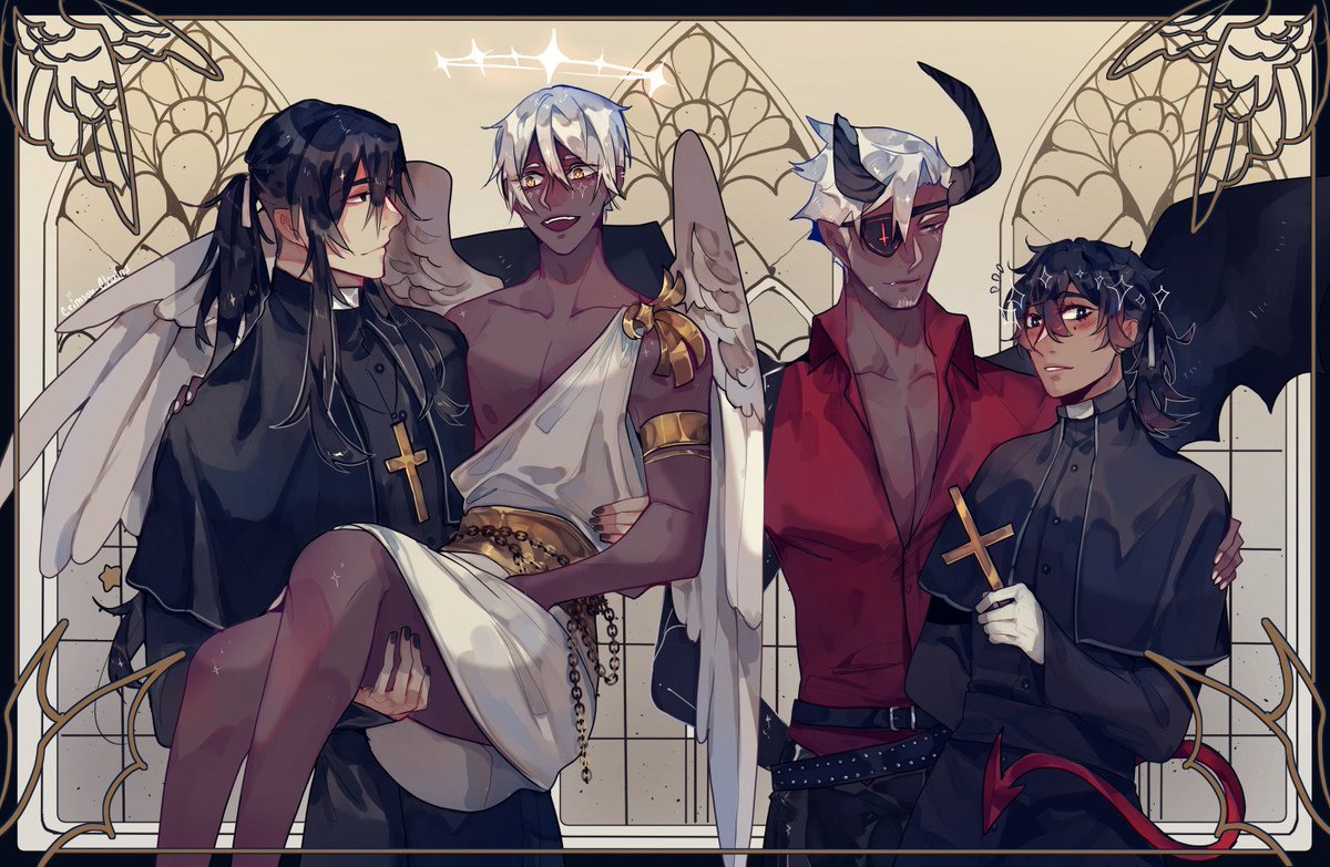 Postcard for this month!! ^w^
Angel and demon brothers with their priest partners :D
Was a lot of fun to draw them like this <3

If you'd like to nab this postcard and more pledge at the 20 dollar tier on my patreon!

#StarCrossed