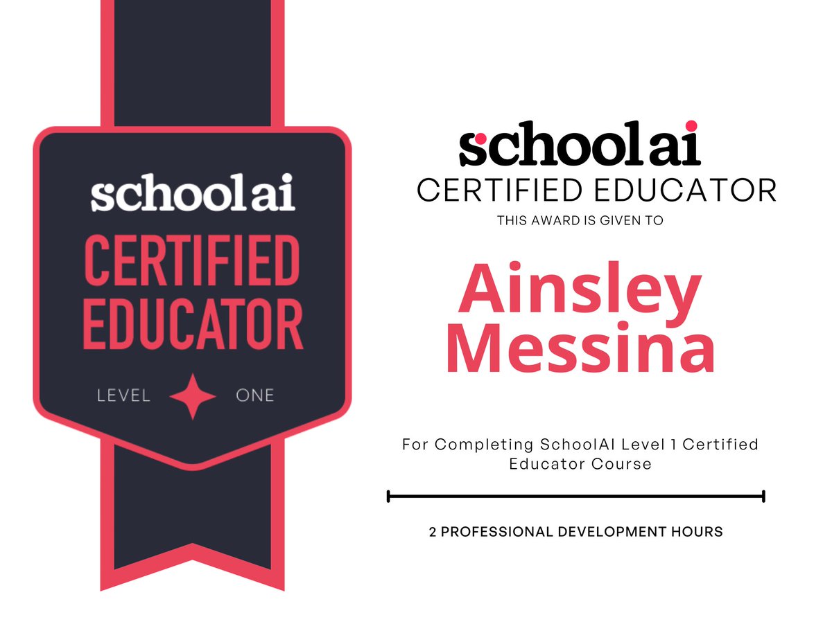 I am now a Certified SchoolAI Educator🌟 ! 

SchoolAI focuses on:
Personalized Learning
Data-Driven Insights
Innovative Teaching Tools

I'm excited to bring these innovative approaches to my school, creating a more inclusive &amp; effective learning environment 🚀

#SchoolAICertified