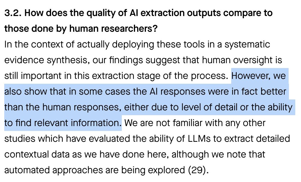 elicitorg's tweet photo. Can AI help with systematic reviews?

A team at Australia's national science agency @CSIRO found AI tools are getting better than human researchers at data extraction, the most laborious step in systematic review. Elicit outperformed ChatGPT. Details in 🧵: https://t.co/TPpqGtDDaT