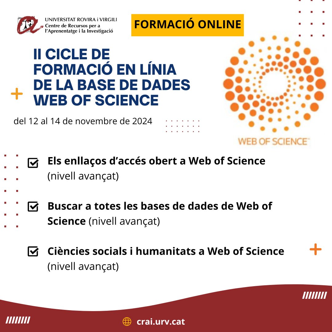 craiURV's tweet photo. 📢𝗜𝗜 𝗖𝗶𝗰𝗹𝗲 𝗱𝗲 𝗙𝗼𝗿𝗺𝗮𝗰𝗶ó 𝗲𝗻 𝗹í𝗻𝗶𝗮 𝗱𝗲 𝗹𝗮 𝗯𝗮𝘀𝗲 𝗱𝗲 𝗱𝗮𝗱𝗲𝘀 @webofscience 👩💻 👨💻
 
Organitza: @FECYT_Ciencia i @clarivate

📆 del 12 al 14 de novembre de 2024
⏰ de 14h a 15h

🖊️Inscripció https://t.co/aJlbCxaSA6
➕ info: https://t.co/uRSiOFNZ8S https://t.co/j7zfPwln8D