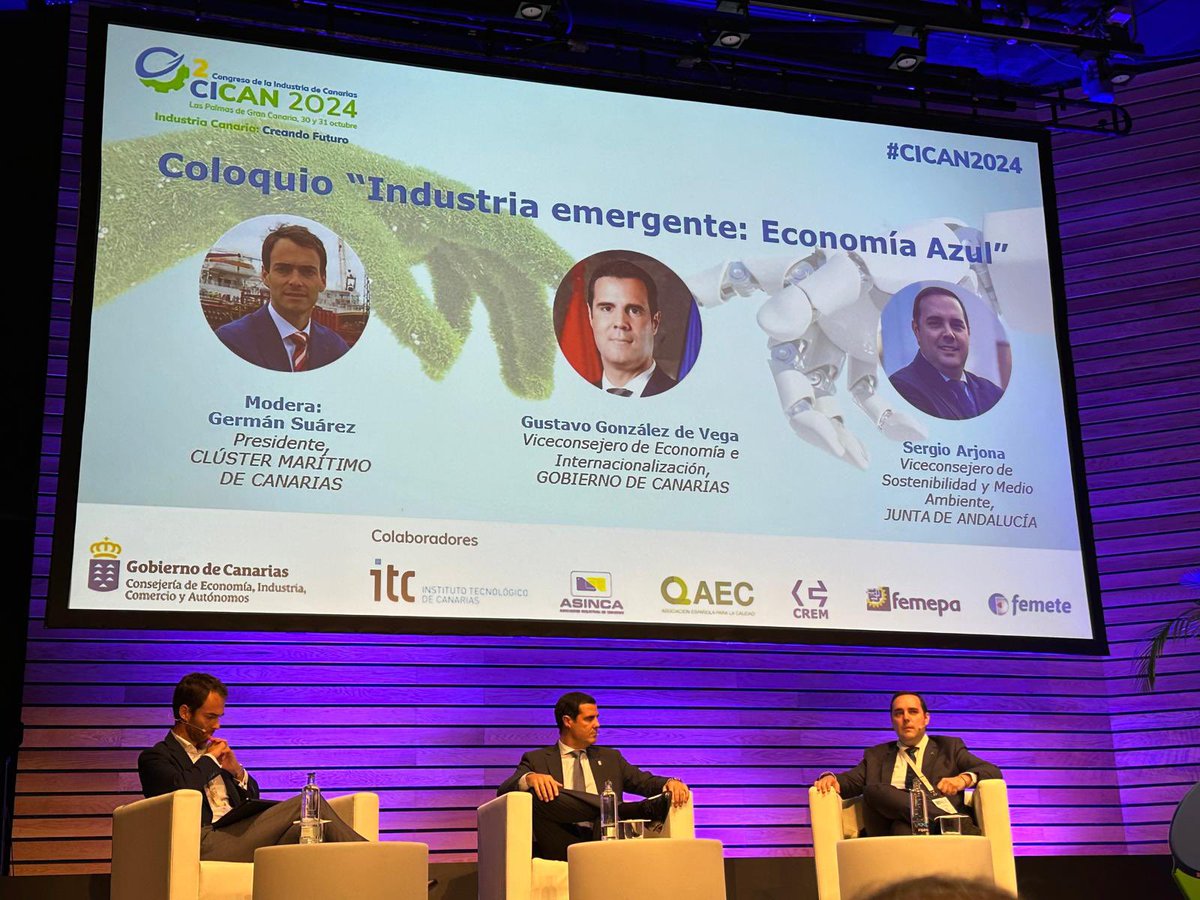 AsincaCanarias's tweet photo. 👥Coloquio “Industria emergente: Economía Azul”

🗣️Participantes:
Gustavo González de Vega, Viceconsejero de Economía e Internacionalización, GOBIERNO DE CANARIAS
Sergio Arjona, Viceconsejero de Sostenibilidad y Medio Ambiente, Junta de Andalucía.

#CICAN2024 https://t.co/sTSUSs8PHd