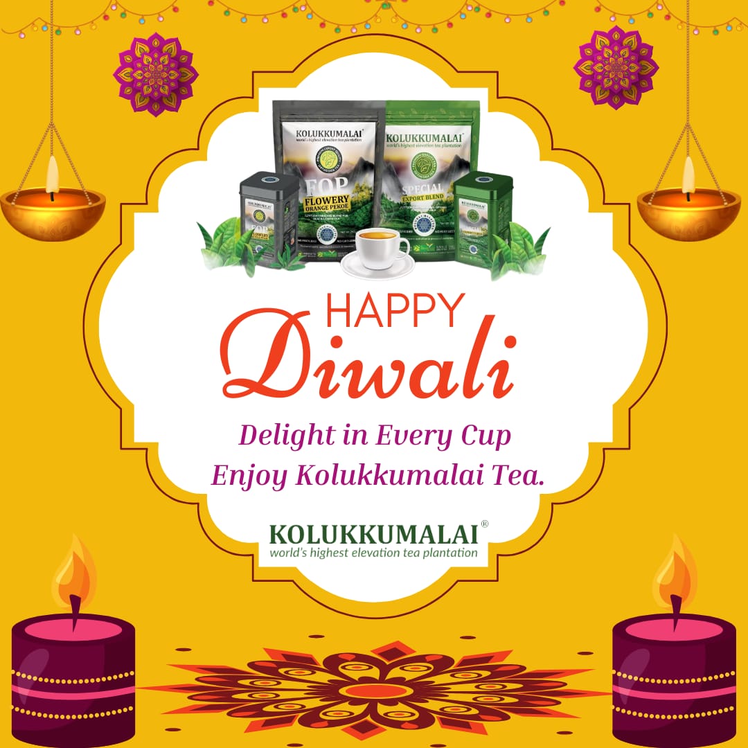 Happy Diwali from Kolukkumalai Tea 

This Festival of Lights, add a touch of warmth and tradition to your celebrations with Kolukkumalai Tea  crafted from the world’s highest elevation tea plantation. Delight in every cup and make your Diwali moments even brighter
#HappyDiwali24