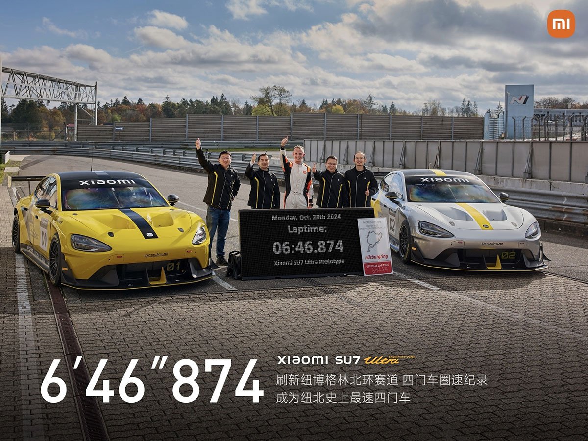 AR12Gaming's tweet image. Air Fryer maker Xiaomi set the record for the fastest four door car on the Nürburgring.

Xiaomi’s SU7 Ultra lapped the Nürburgring in 6:46.874. 

Despite a wet portion of the track and a 12 second power loss, the prototype remains the fastest four-door car to lap the circuit.