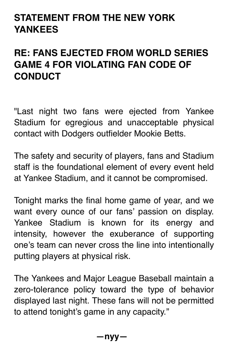 nut_history's tweet photo. From the Yankees - "tonight's game.  LOL

What a joke.  Should be lifetime ban.  You do not put your hands on players - ever. https://t.co/kkebGLw1Cv