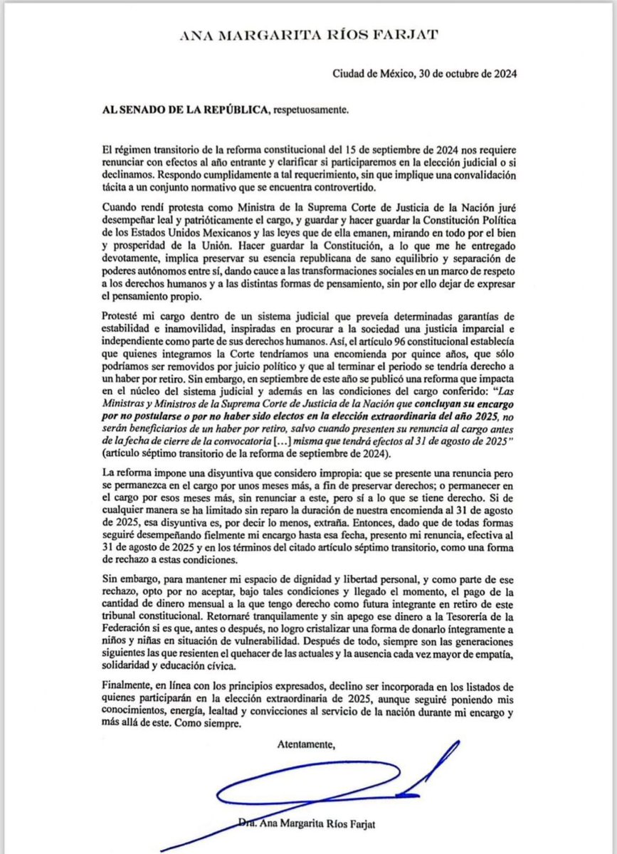 melissaayala92's tweet photo. La ministra Rios Farjat es una jurista excepcional.
Una mujer de una sola pieza y una jueza constitucional que nos dio sentencias que beneficiaron a mujeres, a las personas gestantes, a personas migrantes.
Es una pena que no contaremos con ella en la @scjn en los años que vienen https://t.co/B53zGSl4KC