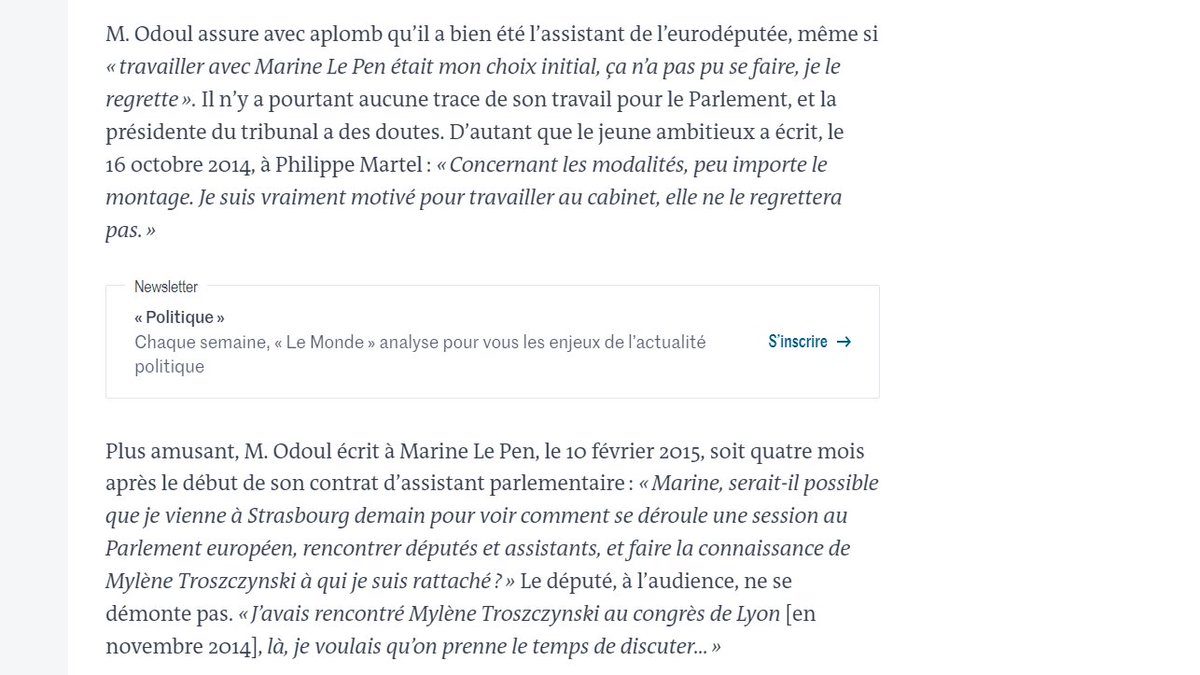 Le Monde nous informe qu'il n'y a aucune trace du travail de Julien Odoul comme assistant au Parlement européen. Il a pourtant touché 56 000 € de salaires.

Le procès de cadres du FN pour détournement de fonds publics européens est toujours en cours.

lemonde.fr/politique/arti…
