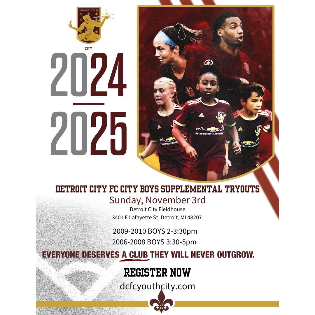 Detroit City FC City Youth (@dcfccity) on Twitter photo CALLING ALL 2010-2006 BOYS 📣 DCFC City is hosting supplemental tryouts on Sunday, November 3rd at the <a href="/CityFieldhouse/">Detroit City Fieldhouse</a>. All players attending tryouts MUST register: dcfcyouthcity.com CALLING ALL 2010-2006 BOYS 📣 DCFC City is hosting supplemental tryouts on Sunday, November 3rd at the <a href="/CityFieldhouse/">Detroit City Fieldhouse</a>. All players attending tryouts MUST register: dcfcyouthcity.com