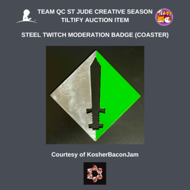 NinePointFive_'s tweet photo. BID FOR MORE THAN BRAGGING RIGHTS!

(Sharing is caring too... 😍)

This amazing Stainless Steel Twitch Moderator Badge coaster/plaque is still up for grabs in our @tiltify auction to benefit @StJudePLAYLIVE ! 

This item was generously donated by @KosherBaconJam / https://t.co/KrIHcKfIeg

100% of the winning bid goes to St Jude Children's Research Hospital. Bid (or OUTBID... 😈) now to help St Jude in their lifesaving mission to end catastrophic childhood illness:

https://t.co/WMPxJsRTDk