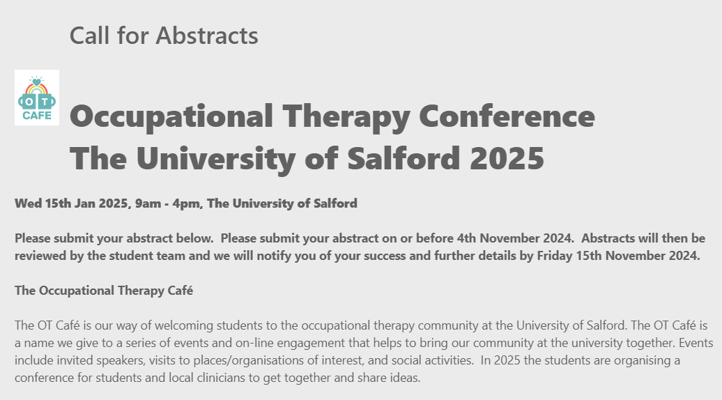 💚Would you like to share your work or research with others?

💚Please consider presenting at our annual conference on Wed Jan 15th 2025 

💚We want to hear from a range of practitioners and researchers at all levels in posters, talks and workshops

Link: bit.ly/UOSOTC25CallFo…