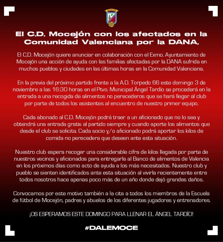 ❤️‍🩹 El <a href="/CD_Mocejon/">CD MOCEJÓN</a> con los afectados en la Comunidad Valenciana por la DANA.

¡OS ESPERAMOS ESTE DOMINGO PARA LLENAR EL ÁNGEL TARDÍO!

#DALEMOCE