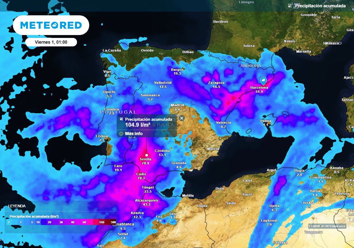 ⚠️No perdamos de vista las zonas donde en estas próximas 36 horas se pueden superar sin problemas los 100mm de lluvia acumulada.

Por una parte la costa norte del Mediterráneo (Castellón, Tarragona y Barcelona) y por otra el suroeste (Interior de Cádiz, Huelva y W de Sevilla)