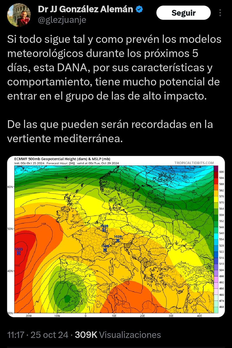 Hace cuatro días <a href="/glezjuanje/">Dr JJ González Alemán</a>, doctor en Física y meteorólogo de <a href="/AEMET_Esp/">AEMET</a>, avisó del peligro de esta DANA. Tú tan solo eres un ignorante más con corbata, pero con la cabeza hueca. Deja de hacer el ridículo y pide explicaciones a la administración, no a la ciencia.