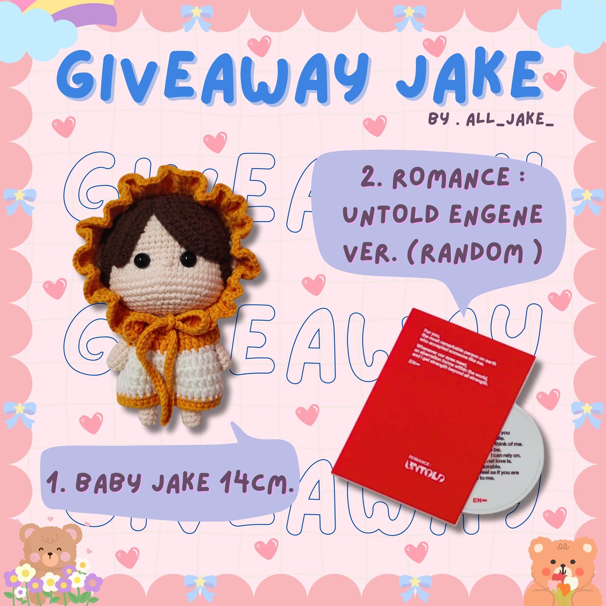 all_jake_'s tweet photo. 🩷- GIVEAWAY JAKE -🩷

🎂 Happy Birthday Jake 🎂

💗 rt only  (สุ่ม 15/11/67)

💗 แจก 2 คน 
- ตุ๊กตาถัก baby Jake 1 คน
- อัลบั้ม ROMANCE : UNTOLD ENGENE ver. (Random) *บั้มเต็มไม่แกะ 1 คน

💗 ออกค่าส่ง 35 บาท  *ฟลว ส่งฟรี

#HappyJakeDay #JAKE #ตลาดนัดENHYPEN https://t.co/AOM7BH9ki4
