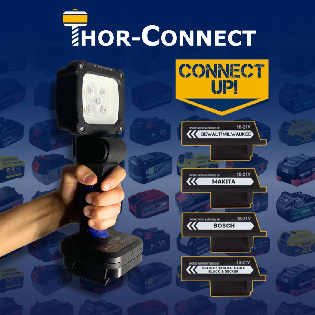 NightSearcher's tweet photo. ⚡️ Light it up with Thor-Connect! 🔦 Your ultimate power-tool work light!  At just 950g, it delivers 2500 lumens and a 300m beam with 3 modes! Compatible with 12 brands of power tool batteries and built tough with a 5-year warranty.  #ThorConnect #WorkLight #NewLaunch https://t.co/g36rTG895p