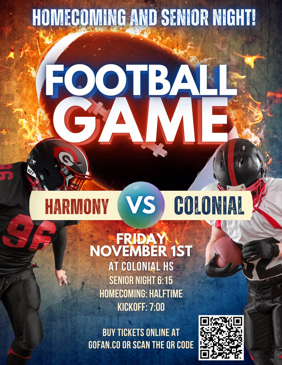 Colonial Athletics (@chs_grenadiers) on Twitter photo Homecoming and senior night this Friday!
<a href="/GrenadierFB/">Colonial Grenadier Football</a> <a href="/CHS_OCPS/">Colonial High School</a> <a href="/HarmonyHighFL/">Harmony High School</a> Homecoming and senior night this Friday!
<a href="/GrenadierFB/">Colonial Grenadier Football</a> <a href="/CHS_OCPS/">Colonial High School</a> <a href="/HarmonyHighFL/">Harmony High School</a>