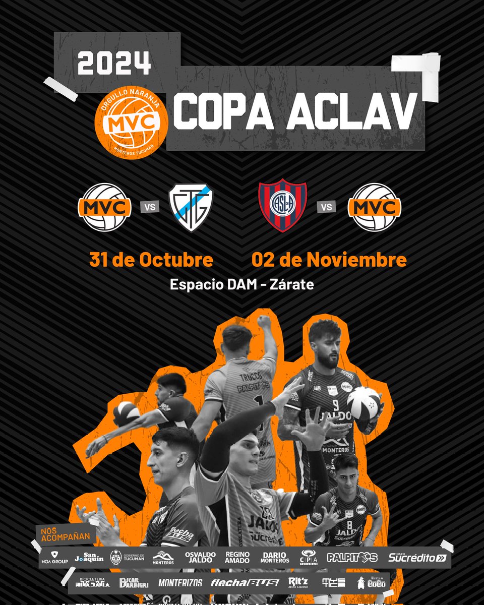#CopaACLAV Segundo desafío para <a href="/monterosvoley/">Monteros Vóley Club</a> en la máxima categoría del voleibol argentino. 

🗓 Jueves 31 | 11:00 
🏐 vs @tucumandegimnasia 

🗓 Sábado 2 | 11:00 | 
🏐 vs <a href="/caslavoley/">CASLA Voley</a>

🏟 Microestadio DAM - Zarate 

 #orgullonaranja  🧡