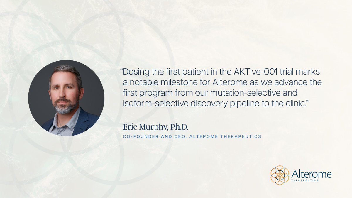 Exciting company news: We announced today that the first patient has been dosed in our AKTive-001 trial of ALTA2618 evaluating patients with AKT1 E17K-mutant advanced solid tumors. Full press release to learn more: bwnews.pr/3A8O1eR