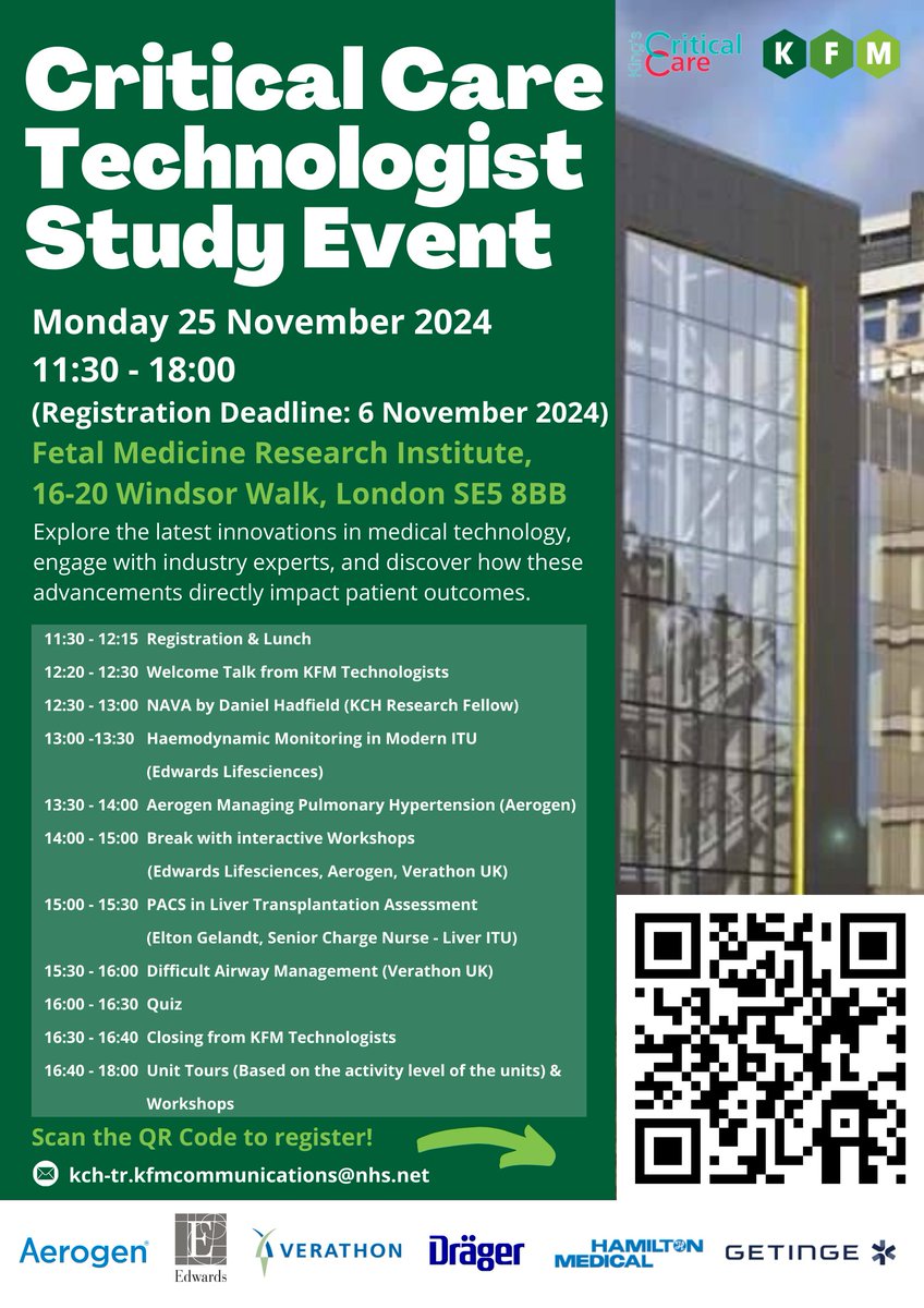 Our KFM Technicians are excited to host the Critical Care Technologist Study Event on Monday, 25 November 2024, from 11:30 to 18:00 at the Fetal Medicine Research Institute, in Denmark Hill!

Find out more and register here 👉bit.ly/3Asizbh

#Event #Criticalcare