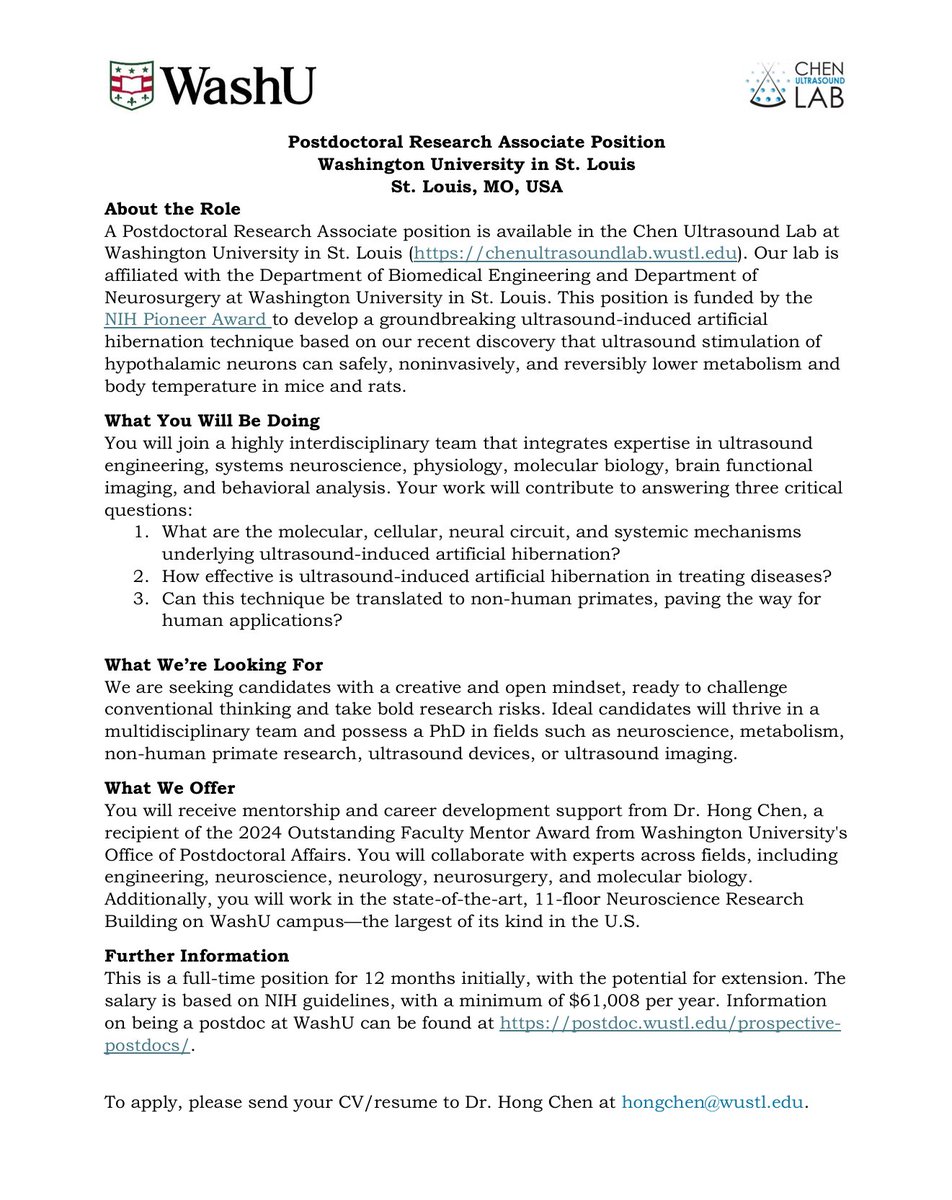 ChenUltrasound's tweet image. Our lab is hiring a postdoc or staff scientist to join our NIH Pioneer Award-funded project on artificial hibernation. We welcome candidates with diverse backgrounds in neuroscience, metabolism, ultrasound, and related fields. #ResearchJobs #ArtificialHibernation #NIHPioneerAward