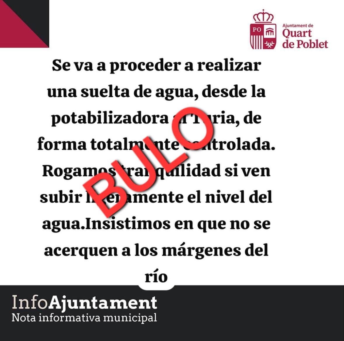 🔴 El ayuntamiento de <a href="/quartdepoblet/">Quart de Poblet</a> NO ha emitido ningún comunicado informando de una supuesta suelta de agua en el río Turia

Información oficial y actualizada en <a href="/GVA112/">Emergències 112CV</a>, única fuente autorizada para la comunicación en situaciones de emergencia 📝

#Dana #TemporalDeLevante
