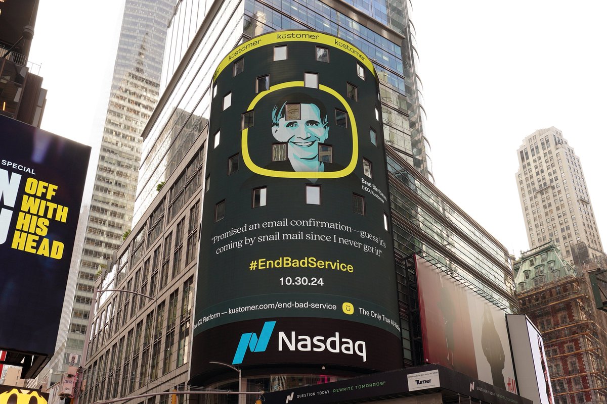 Seeing our message on the Nasdaq billboard is amazing. The End of Bad Service is here! Don’t forget to tune in at 12 to learn more about how we’re shaking things up in customer service. <a href="/Kustomer/">Kustomer</a> is #EndBadService