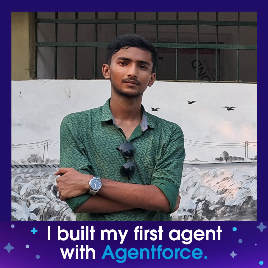 gParambrata's tweet photo. I built my first agent with Agentforce 🎉
Complete the @salesforce #BuiltWithAgentforce Quest to build yours today and celebrate your new skills with a custom photo. 🤖
Start learning: https://t.co/FJRl3fDwRL
#SFgiveaway https://t.co/pTxMOft4oN