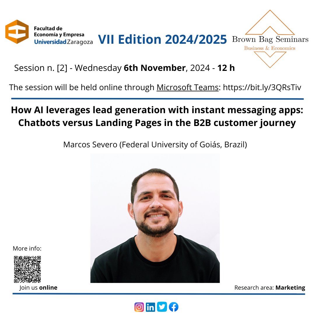 BagBusiness's tweet photo. 📢📢2nd Session of the VII Edition BBS!  
💻 Marcos Severo (Federal University of Goiás, Brazil): “How AI leverages lead generation with instant messaging apps: Chatbots versus Landing Pages in the B2B customer journey”
 🗓️6th Nov 12h, Online: https://t.co/1fUSLRRuxs https://t.co/b2jEiJwdo2