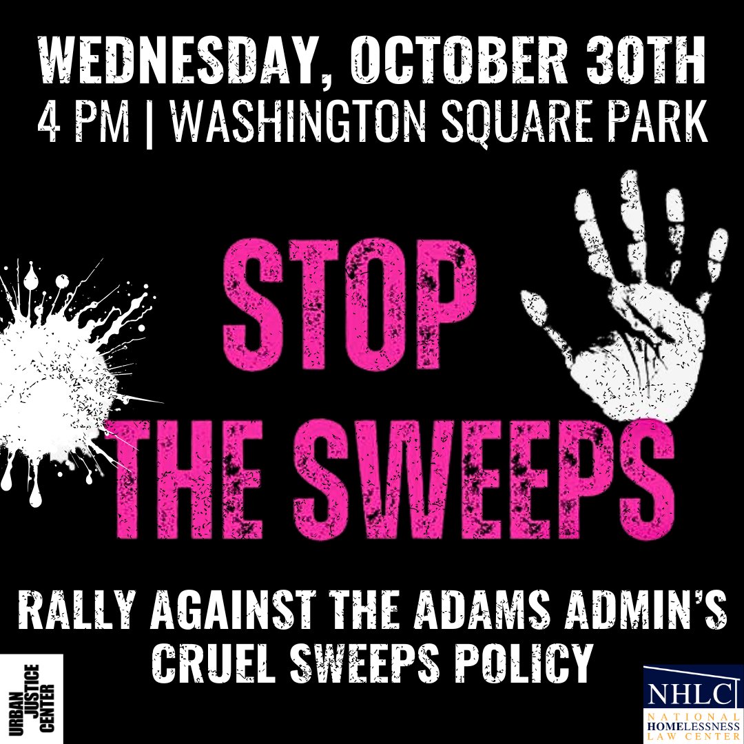 <a href="/NYCMayor/">Mayor Eric Adams</a> TODAY IN NYC: Join us along with <a href="/SafetyNetUJC/">Safety Net Project of the Urban Justice Center</a> and <a href="/UrbanJustice/">Urban Justice Center</a> for a rally against the Adams admin’s cruel sweeps practices in Washington Square Park (on the West side) at 4 PM EST.