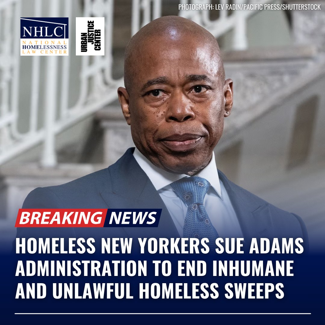 homeless_law's tweet photo. BREAKING: We’re suing the Eric Adams admin @NYCMayor to end the City’s cruel and unlawful homeless sweeps.

The only way to reduce homelessness and increase public safety is to ensure all people are safely housed. Full statement: https://t.co/TgagfWCvKa https://t.co/mV78Pb5glf