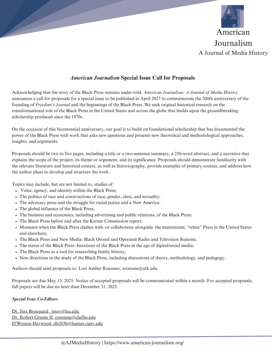 American Journalism (@ajmediahistory) on Twitter photo Special Issue Call for Proposals - Black Press: Special Issue Call for Proposals - Black Press: