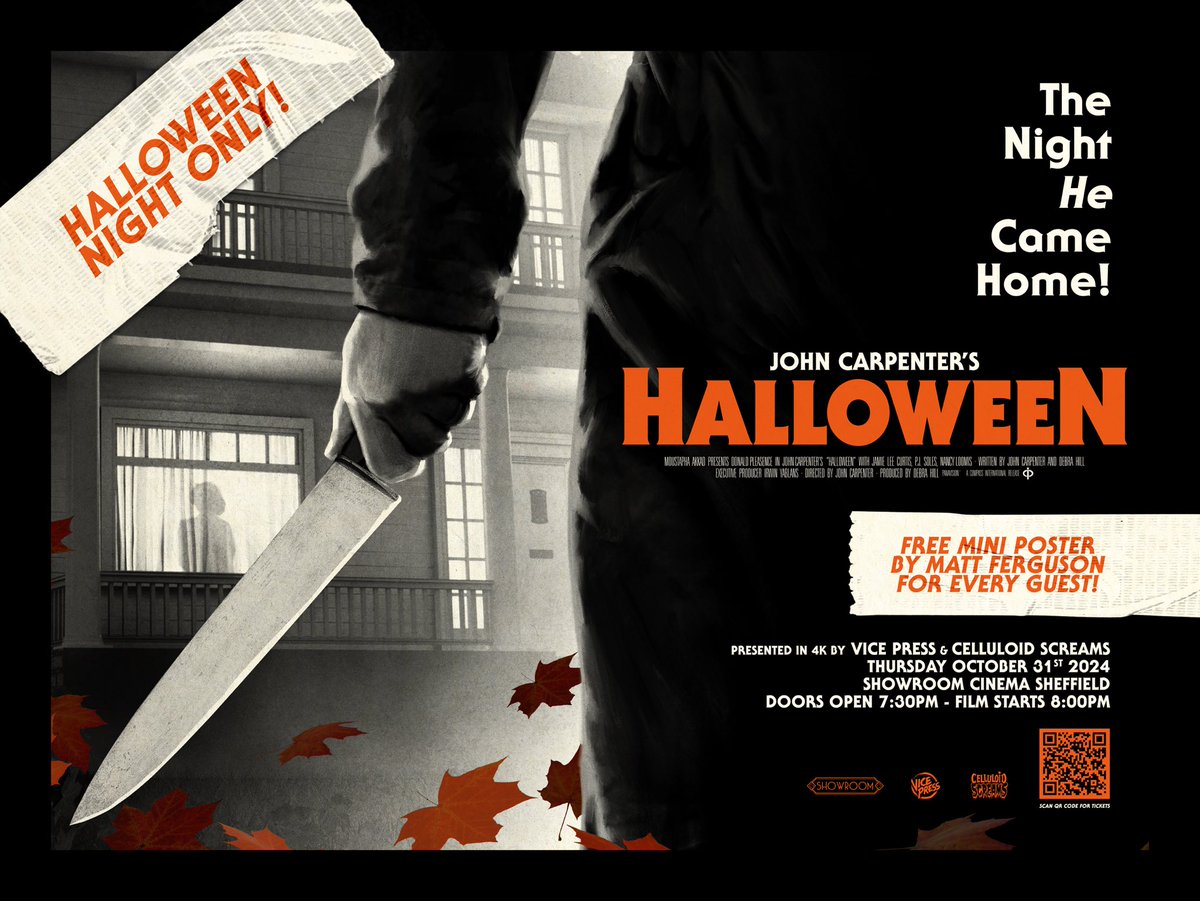 Tomorrow is the night he comes home. We are screening John Carpenter’s Halloween on Halloween in collaboration with Celluloid Screams &amp; The Showroom Cinema.

All attendees will get a FREE lobby card poster by Matt Ferguson, too!

Tickets - showroomworkstation.org.uk/halloweenonhal…