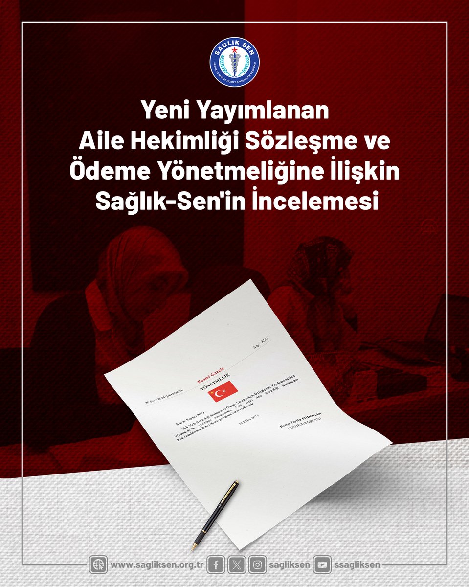 Yeni Yayımlanan Aile Hekimliği Sözleşme ve Ödeme Yönetmeliğine İlişkin Sağlık-Sen'in İncelemesi

Yayımlanan Yönetmenliğe ilişkin Sağlık-Sen tarafından yapılan incelemeler neticesinde; aile hekimliği çalışanlarına olumlu yönde yansıyan maddelerin yanı sıra sahanın beklentilerinden