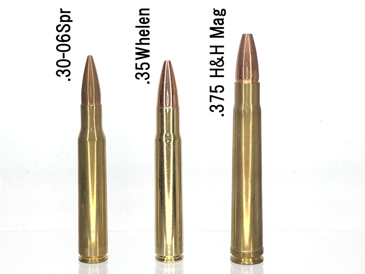 .35 Whelen
.30-06を.358インチにボアアップ
こちらもワイルドキャット弾だったものがレミントン・アームズ社から一般に市販されている模様

弾も銃器も高価な375H&amp;Hの代替品として十分な性能だそうですが
この記事"35 ウェレン: 貧乏人の 375 H&amp;H?"て、ひどいタイトル…
https://t.co/hHEzq1Z72e 