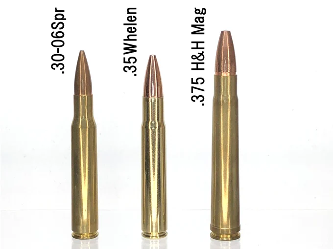 .35 Whelen
.30-06を.358インチにボアアップ
こちらもワイルドキャット弾だったものがレミントン・アームズ社から一般に市販されている模様

弾も銃器も高価な375H&amp;Hの代替品として十分な性能だそうですが
この記事"35 ウェレン: 貧乏人の 375 H&amp;H?"て、ひどいタイトル…
https://t.co/hHEzq1Z72e 