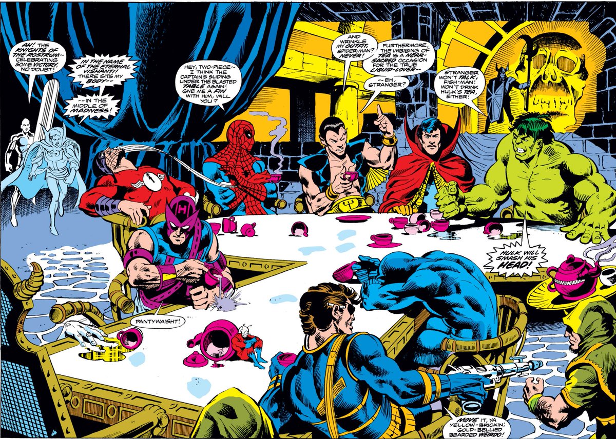 MarvelADay's tweet photo. #MarvelADay #Strange2
Yet another amazing splash page! Doc wanders into a tea party with the Defenders. Also attending are T'Challa, Spidey, Nick Fury, Ant Man, Captain from Fawcett and you can just see a Green Lantern's hand after Hawkeye literally drank him under the table.
JH https://t.co/fFVT4vB2Yn