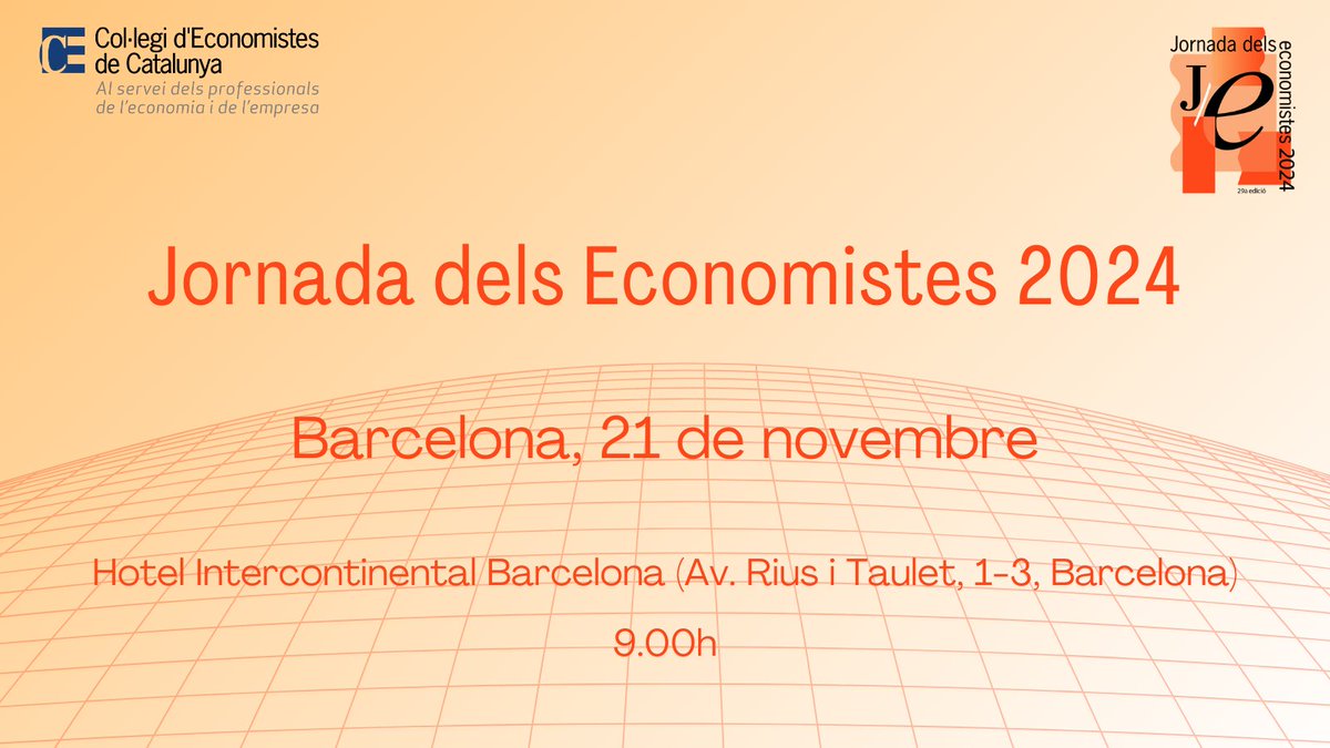 Nova edició de la Jornada dels Economistes que té per títol "EconomIA: la clau del futur".

Inscriu-te a: jornadaeconomistes.cat

📅 21 de novembre de 2024
🕘 de 9:00h a 18:00h
 📍 Hotel Intercontinental Barcelona (Av. Rius i Taulet, 1-3, Barcelona)