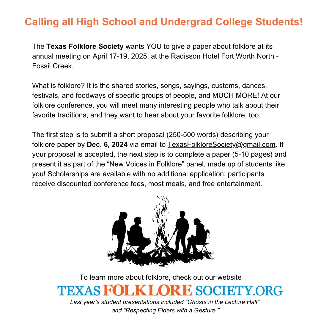 Texas_Folklore's tweet photo. Calling all high school and undergraduate students... We want you at our 106th Annual Meeting. 
#folklore #undergrad #conference https://t.co/2kHCDxsEO9