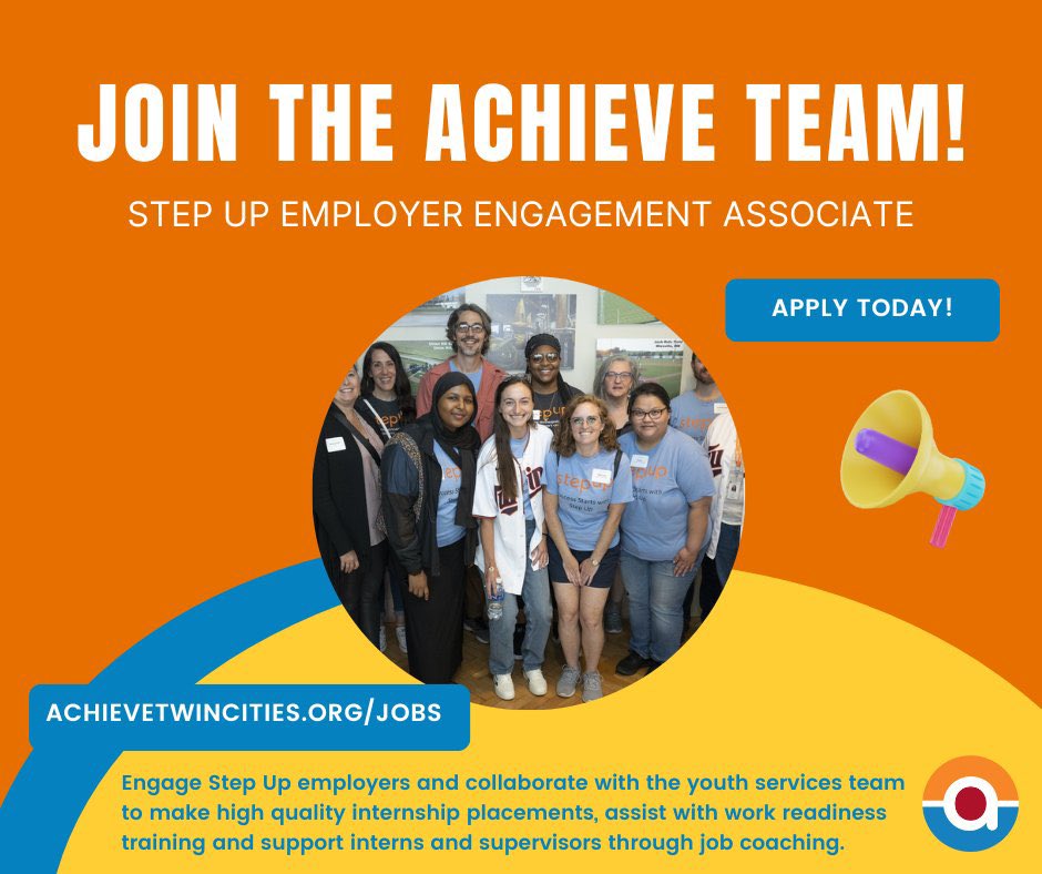 As a <a href="/STEPUPMpls/">Step Up Minneapolis</a> program partner, we're seeking a new Step Up employer engagement associate to provide vital support to our partner companies and help maximize summer internship opportunities for young people. Learn more about this great opportunity at achievetwincities.org/jobs