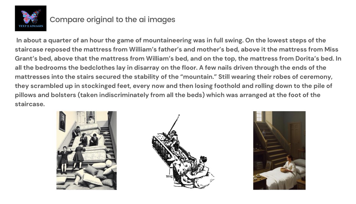 text2aimages's tweet photo. Compare the original text and illustration with those generated by AI. What is the same? What's different? https://t.co/fcB9J24OtV