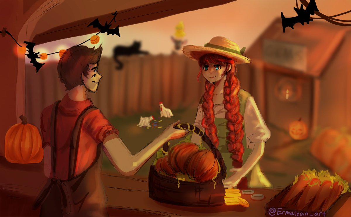 Farms have enough pumpkins for all Valley residents! 🎃 Have you also seen the ghost chickens? 🐓👻

Thank you @/ermalean (Discord) for this #FanArt! 🎨