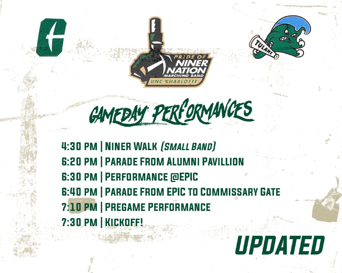 PNNMB's tweet image. SCHEDULE UPDATE: Don't forget this Thursday, October 31st, @charlottefootball takes on Tulane at Jerry Richardson Stadium for Halloween! 🎃 Come out and watch us perform! GO NINERS!