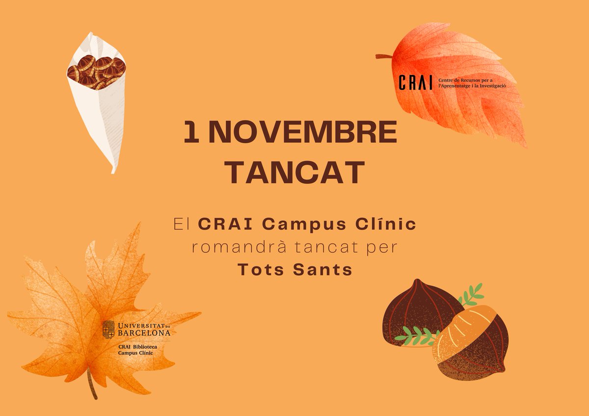 🔔Divendres dia 1 de novembre el <a href="/CRAIClinic/">CRAI Campus Clínic</a> romandrà tancat 👇
